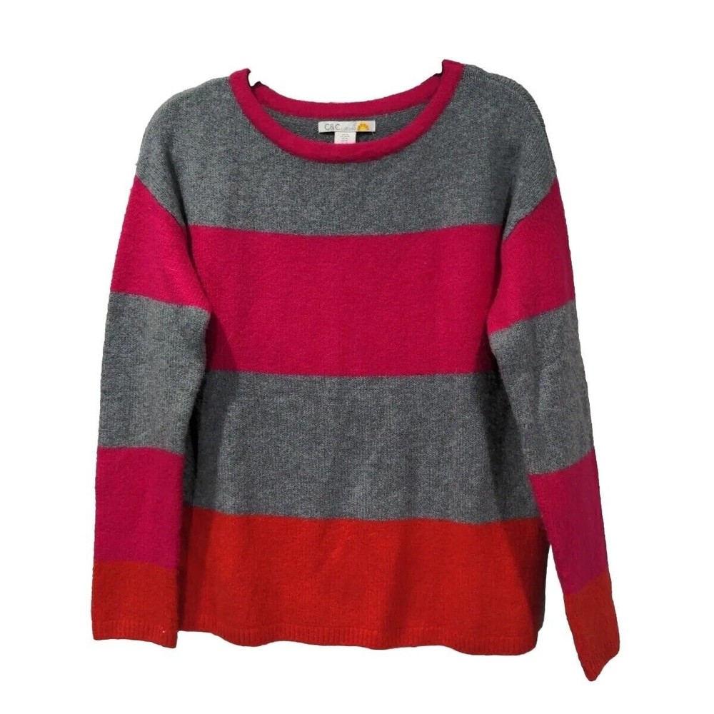 C&C California Women's Thick Stripe Crewneck Sweater Size Medium Gray Pink Red